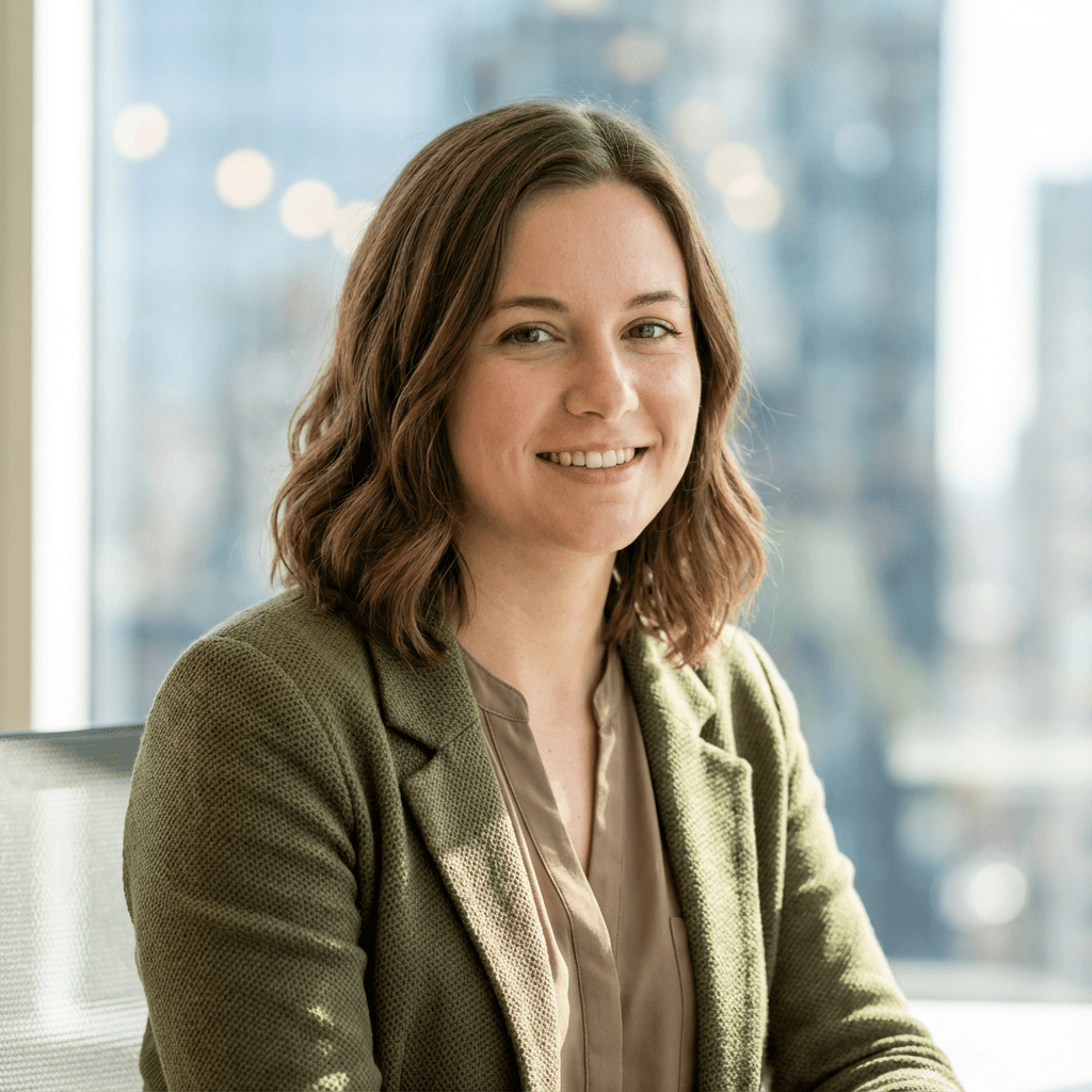 Female office manager in her late 30s, White, professional and organized appearance, warm genuine smile suitable for corporate setting