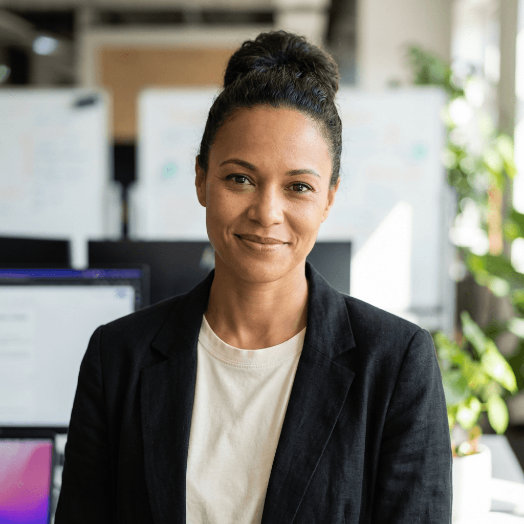 Female operations coordinator in her early 30s, Black, efficient and organized, professional and welcoming expression suitable for nonprofit setting