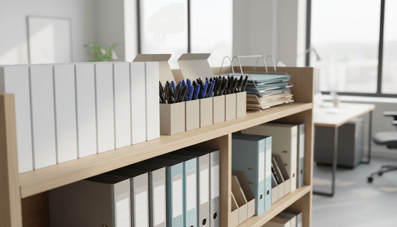 Neatly organized shelves stocked with office paper, pens, and filing supplies